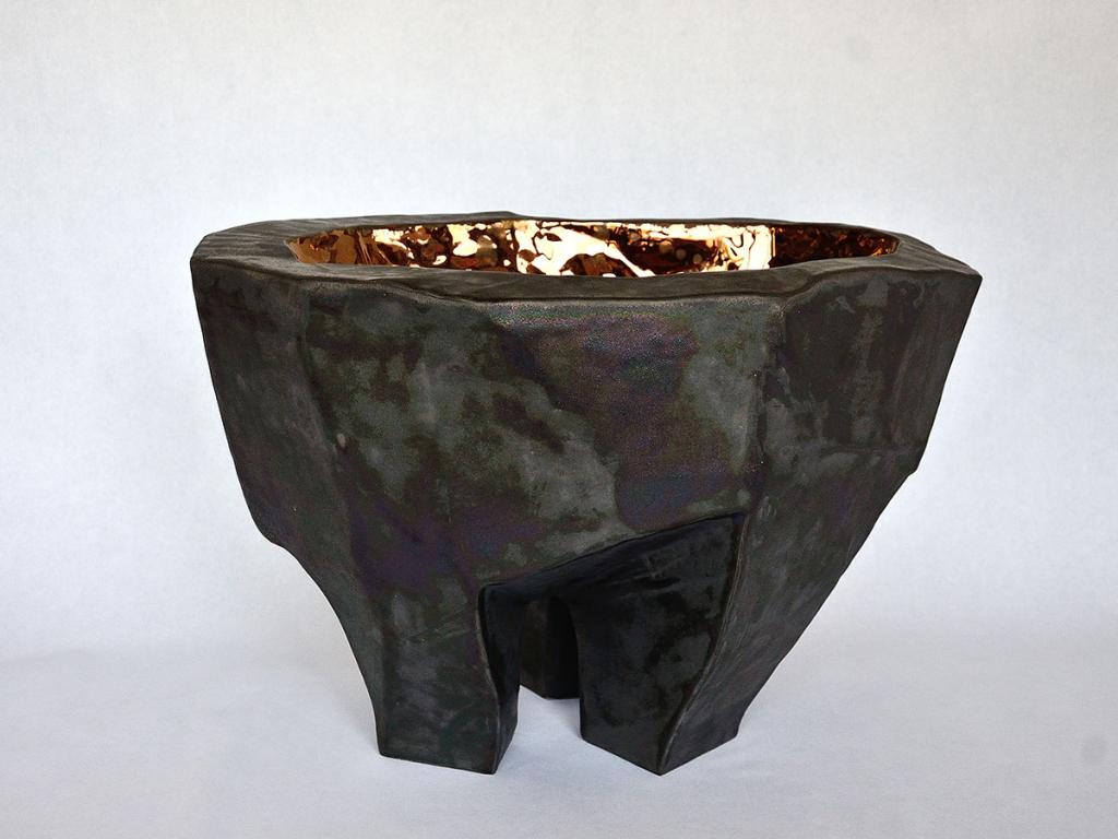 oval monolith, in deaf bronze and luster bronze finish; pot for bonsai